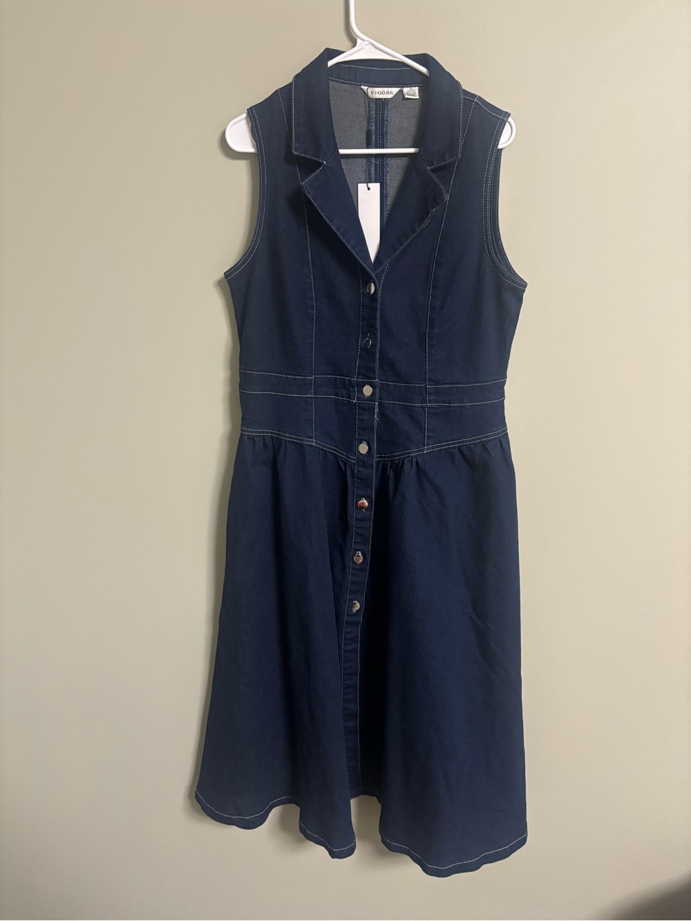 Vigoss Denim Sleeveless Midi Dress Dark Wash Button Front Size Large 10-12 New
